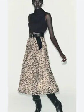 Zara Animal Print Sleeveless Belted Black Bodice Midi Dress Size Large
